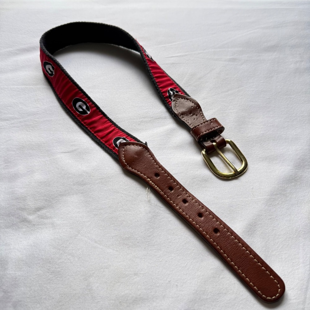 Georgia Bulldogs UGA Ribbon Belt Brown Leather Brass Buckle Red Black G Logo